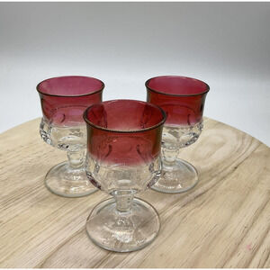 Vintage Ruby Flash Kings Crown Thumbprint Wine Cordial Glasses Set of 3 Goblets
